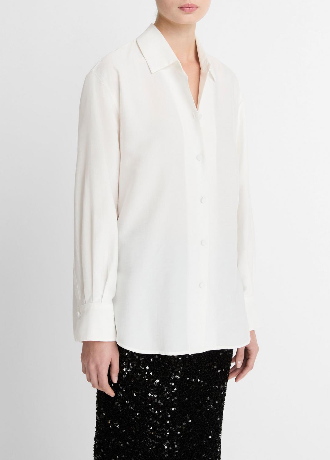 Refined Twill Covered-Button Shirt in Long Sleeve LIGHT CREAM | VINCE Women