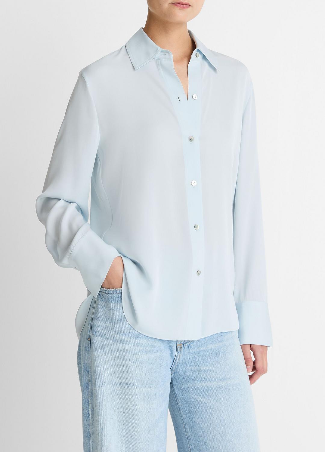 Stretch-Silk Button-Front Blouse in Long Sleeve GLACIER | VINCE Women