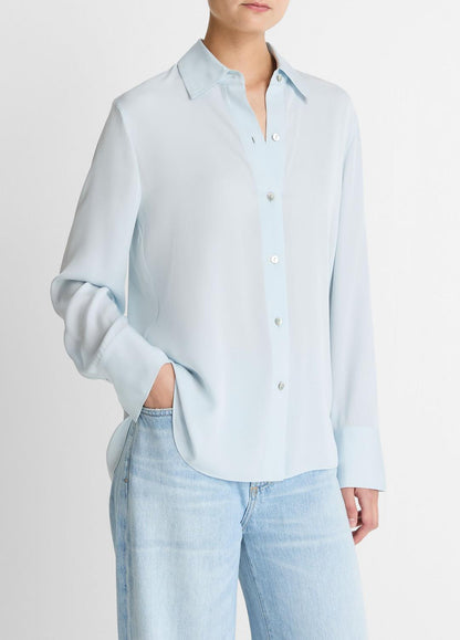 Stretch-Silk Button-Front Blouse in Long Sleeve GLACIER | VINCE Women