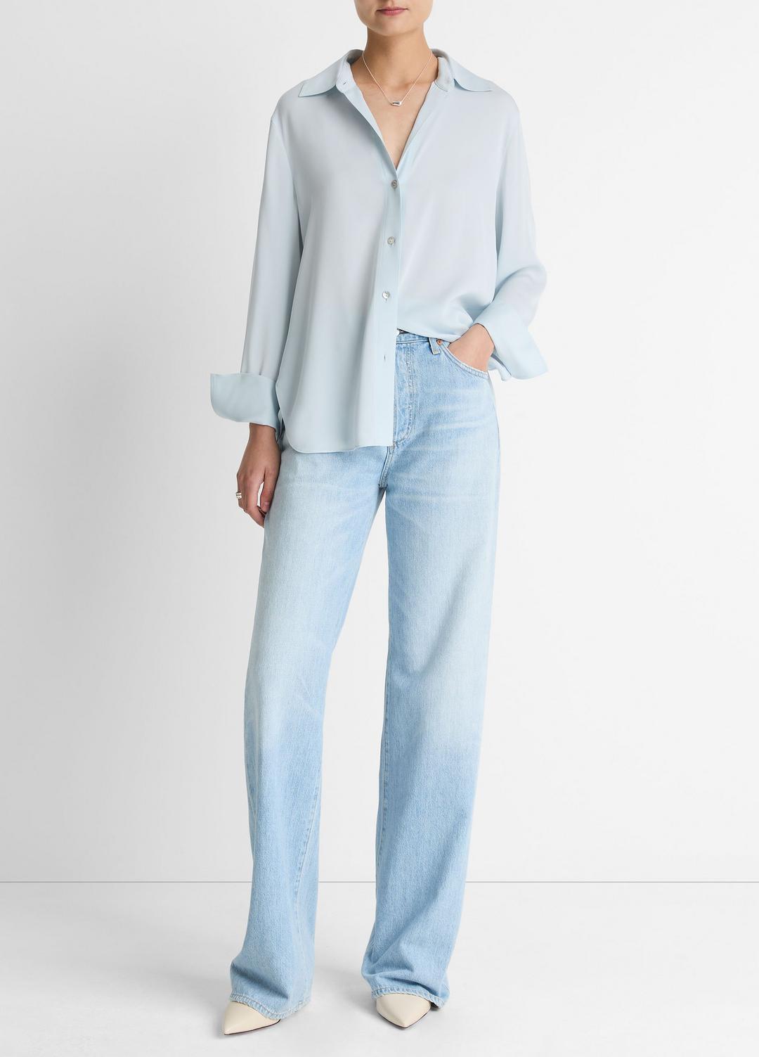 Stretch-Silk Button-Front Blouse in Long Sleeve GLACIER | VINCE Women