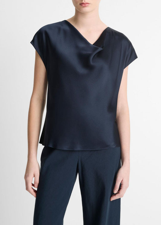 Silk Cowl-Neck Blouse in Short Sleeve COASTAL BLUE | VINCE Women