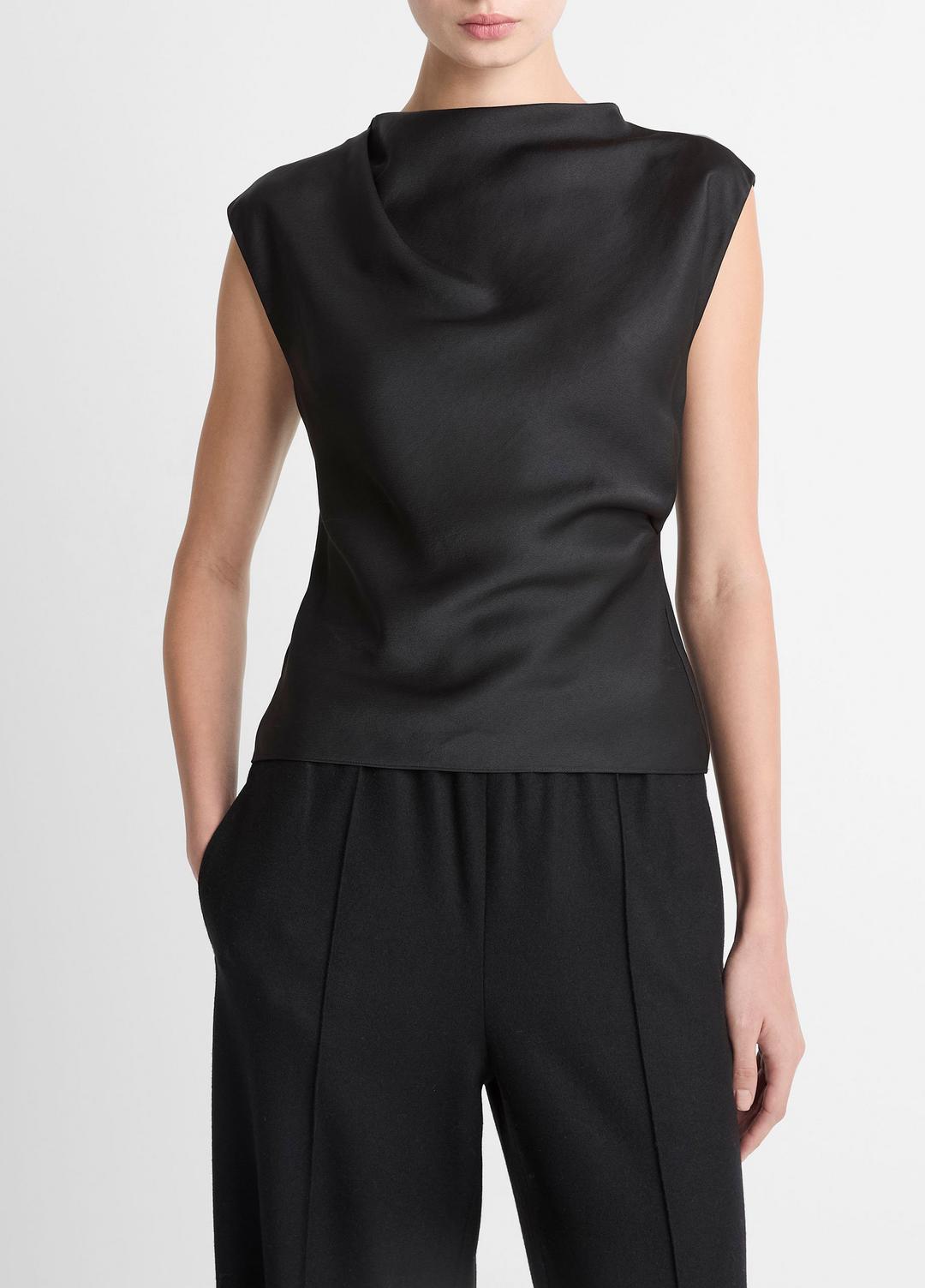 Satin Draped Cowl-Neck Top in Tank Tops BLACK | VINCE Women