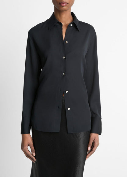 Stretch-Silk Button-Front Blouse in Long Sleeve BLACK | VINCE Women