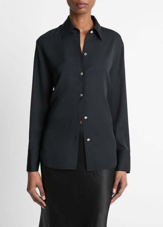 Stretch-Silk Button-Front Blouse in Long Sleeve BLACK | VINCE Women