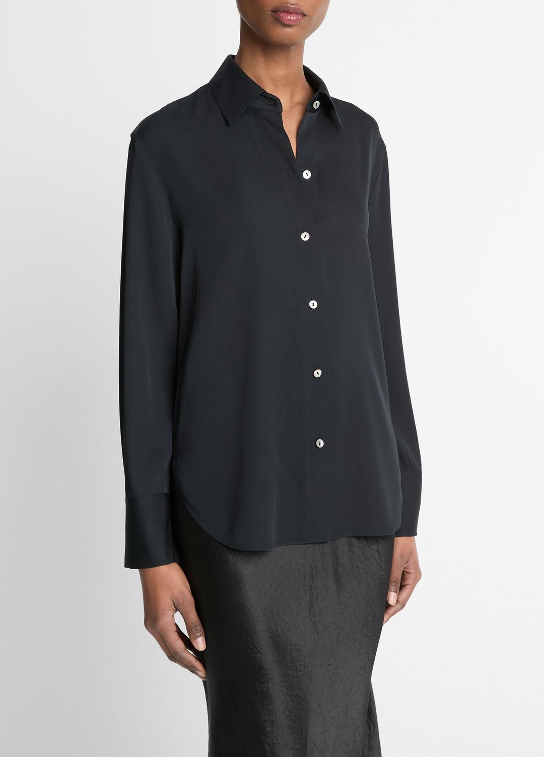 Stretch-Silk Button-Front Blouse in Long Sleeve BLACK | VINCE Women