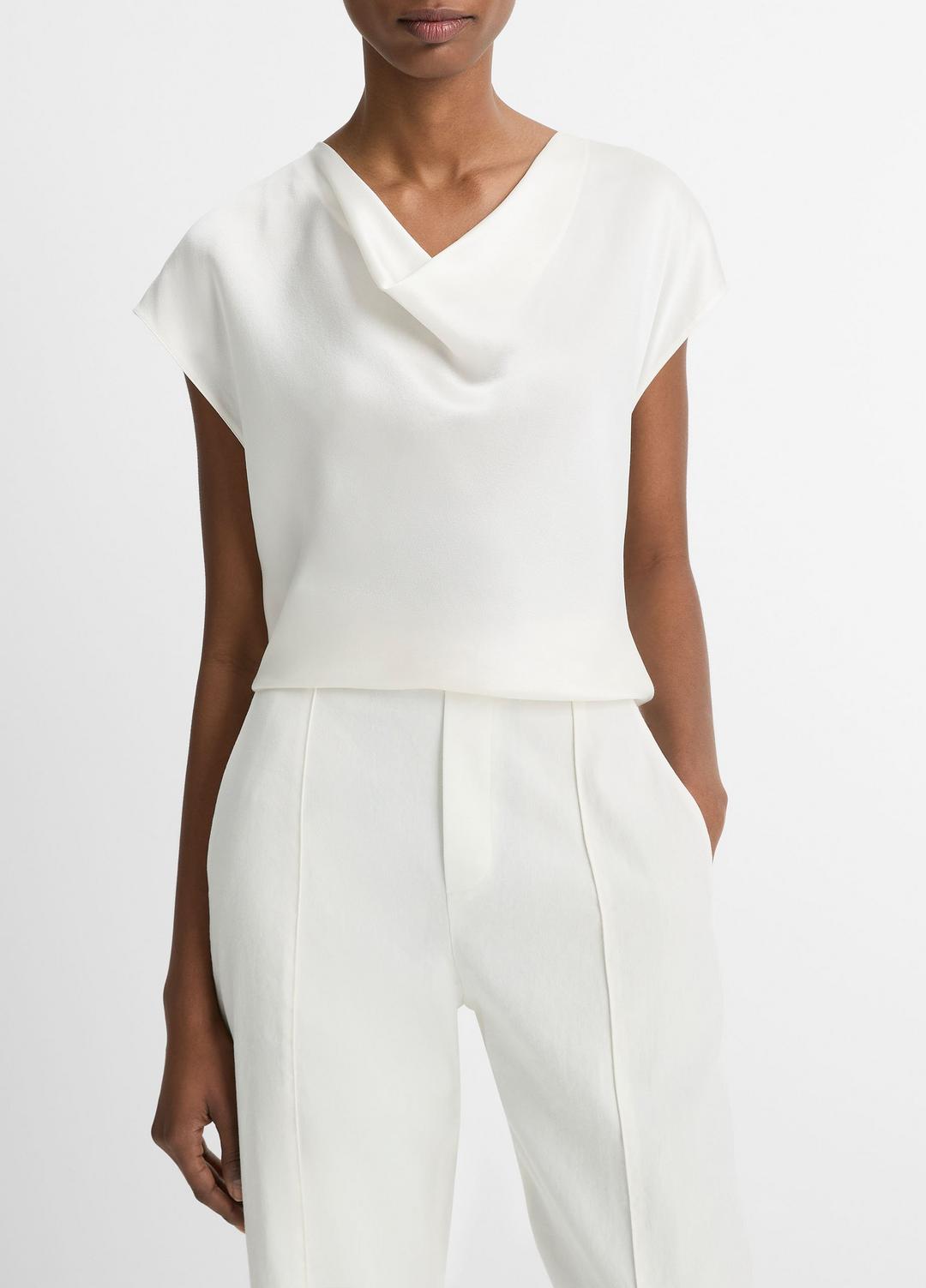 Silk Cowl-Neck Blouse in Short Sleeve OFF WHITE | VINCE Women