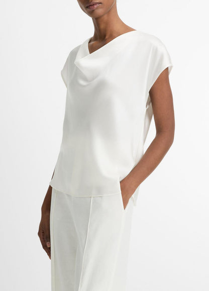 Silk Cowl-Neck Blouse in Short Sleeve OFF WHITE | VINCE Women