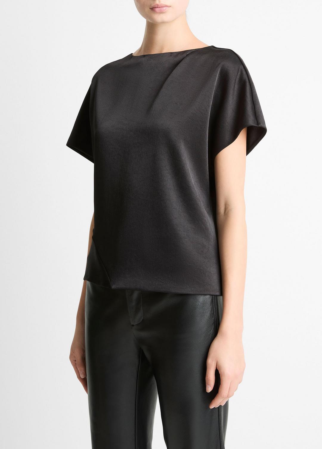 Draped Satin Dolman-Sleeve Blouse in Short Sleeve BLACK | VINCE Women