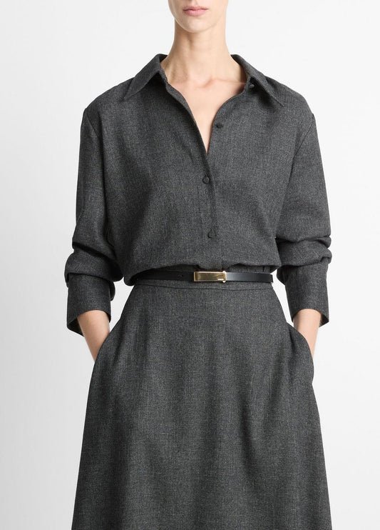 Italian Jaspe Relaxed Button-Front Shirt in Long Sleeve MEDIUM HEATHER GREY | VINCE Women