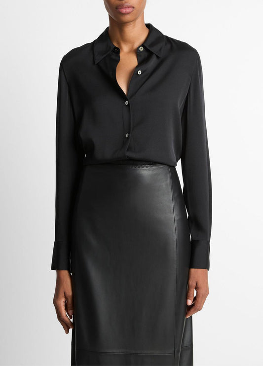 Silk-Blend Slim Button-Front Blouse in Long Sleeve BLACK | VINCE Women