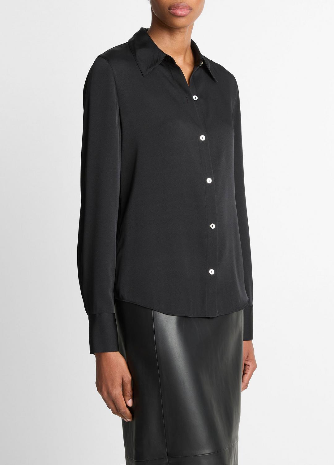 Silk-Blend Slim Button-Front Blouse in Long Sleeve BLACK | VINCE Women
