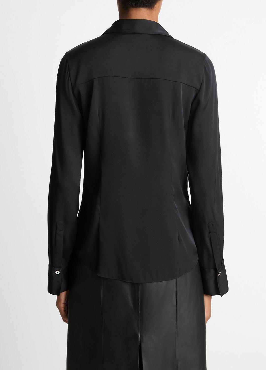 Silk-Blend Slim Button-Front Blouse in Long Sleeve BLACK | VINCE Women