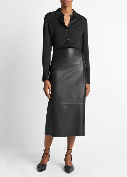 Silk-Blend Slim Button-Front Blouse in Long Sleeve BLACK | VINCE Women