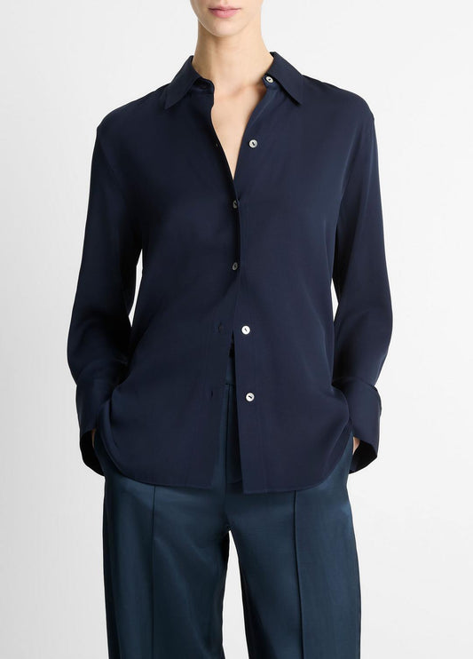 Stretch-Silk Button-Front Blouse in Long Sleeve COASTAL BLUE | VINCE Women