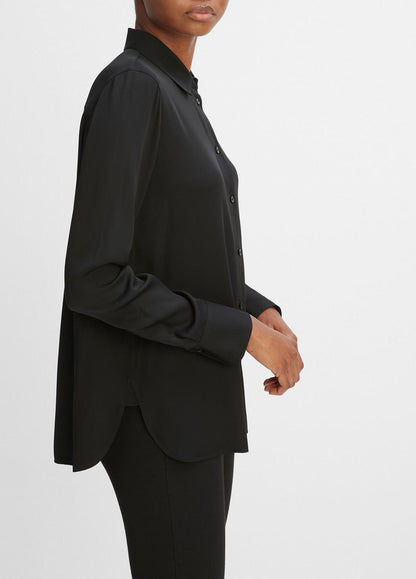 Slim Fitted Stretch-Silk Blouse in Long Sleeve BLACK | VINCE Women