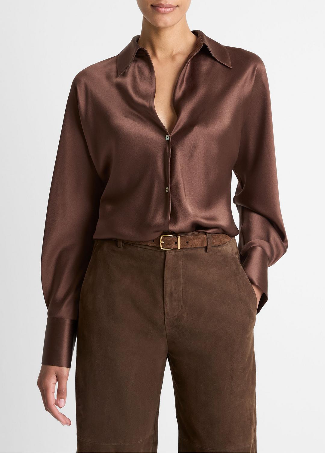 Silk Bias Long-Sleeve Blouse in Long Sleeve ESPRESSO | VINCE Women