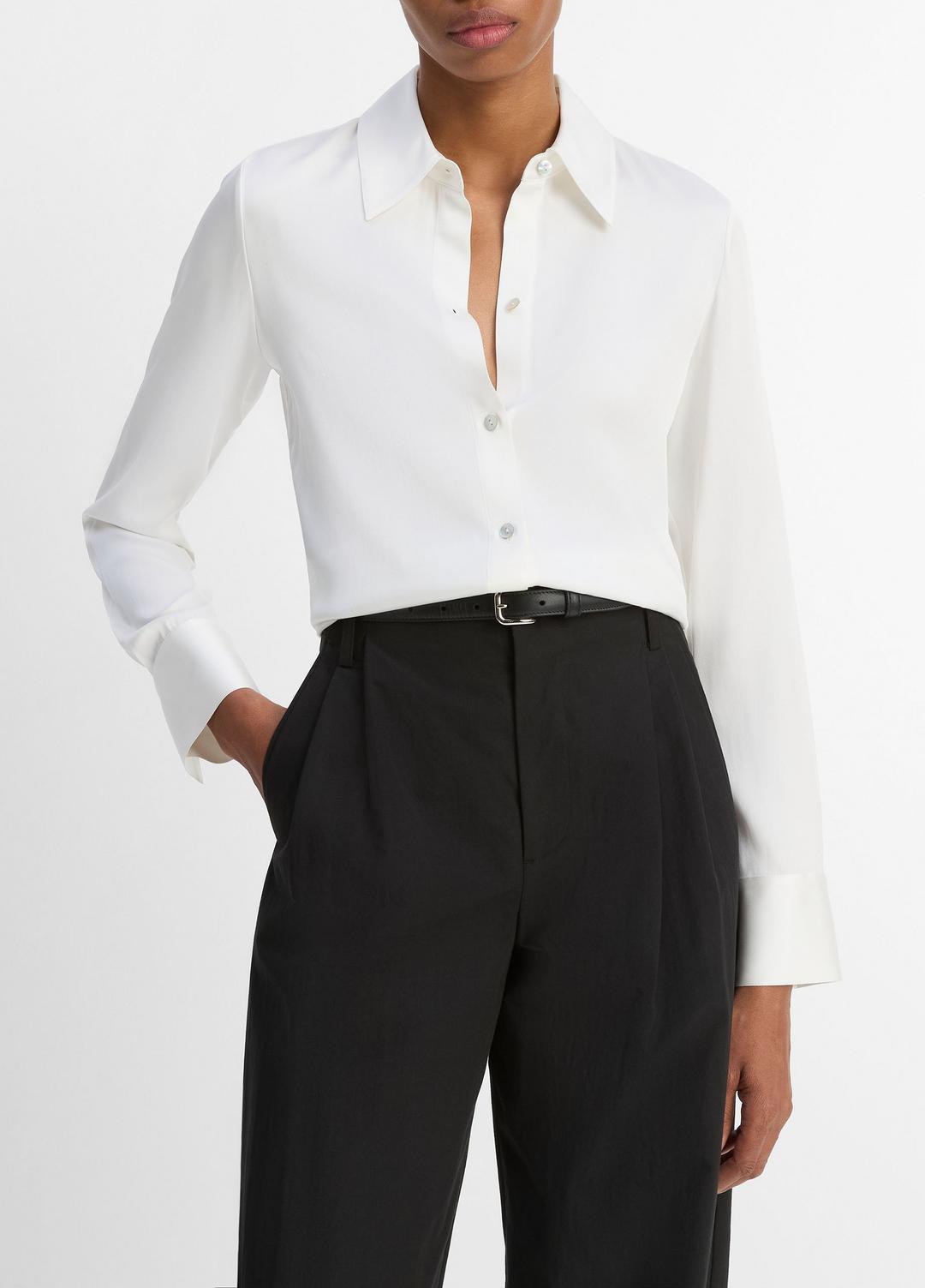 Silk-Blend Slim Button-Front Blouse in Long Sleeve OFF WHITE | VINCE Women