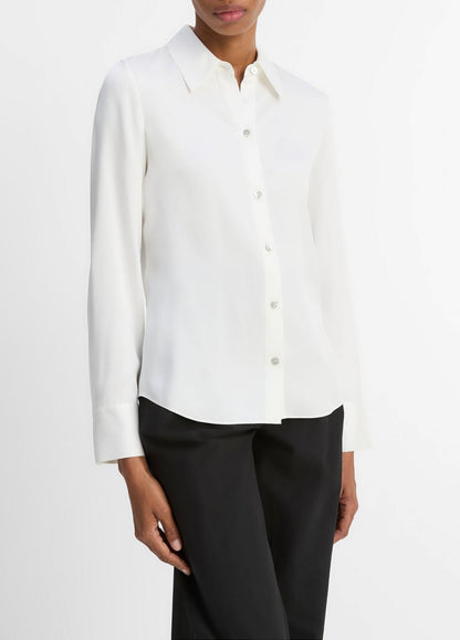 Silk-Blend Slim Button-Front Blouse in Long Sleeve OFF WHITE | VINCE Women
