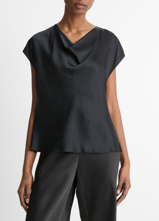 Silk Cowl-Neck Blouse in Short Sleeve BLACK | VINCE Women