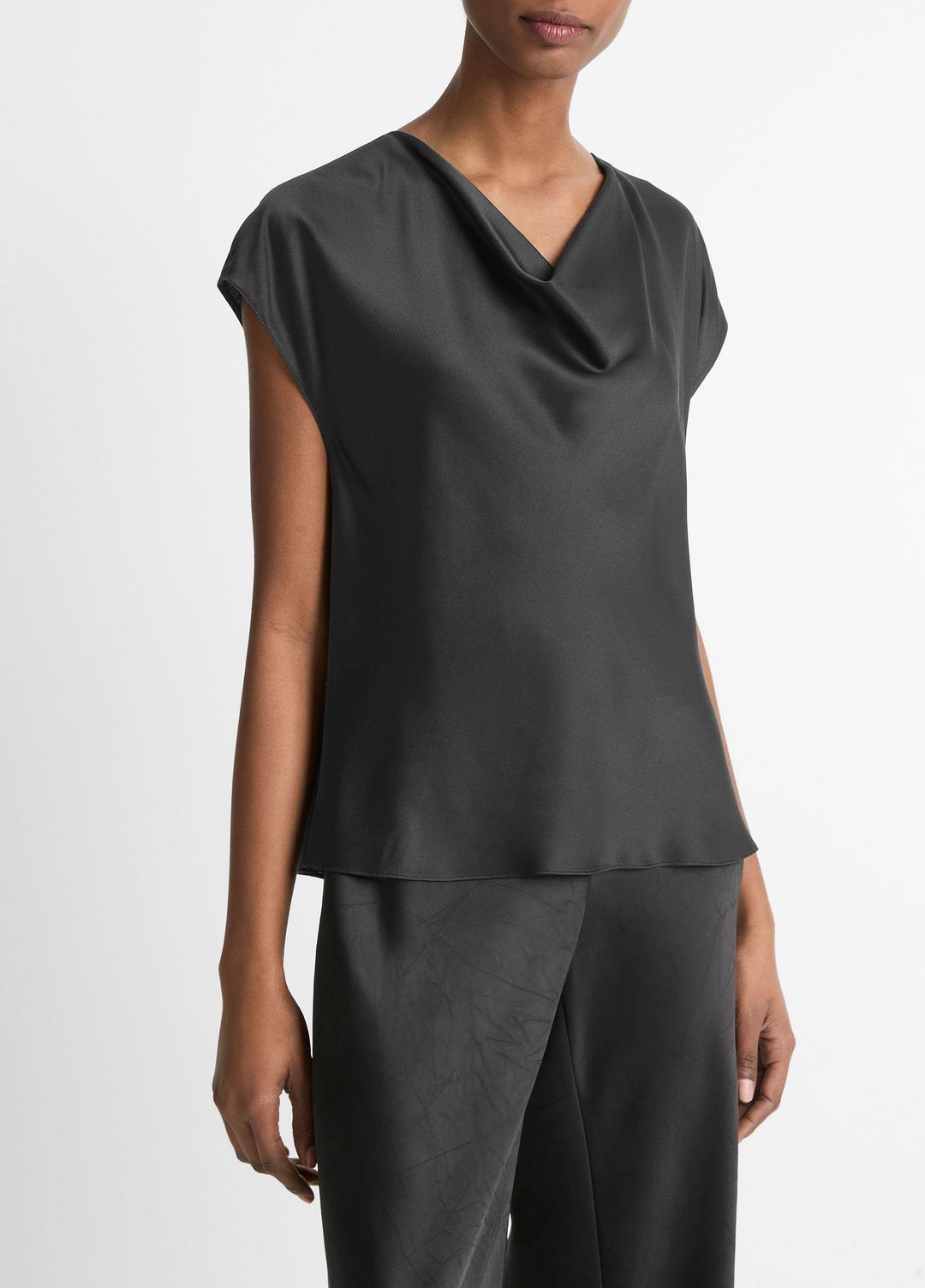 Silk Cowl-Neck Blouse in Short Sleeve BLACK | VINCE Women