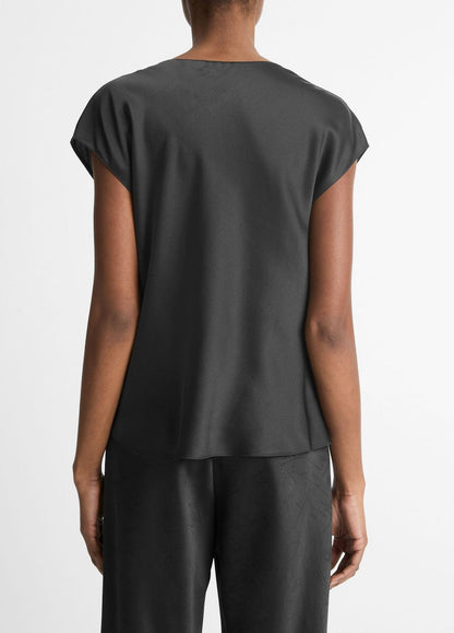 Silk Cowl-Neck Blouse in Short Sleeve BLACK | VINCE Women
