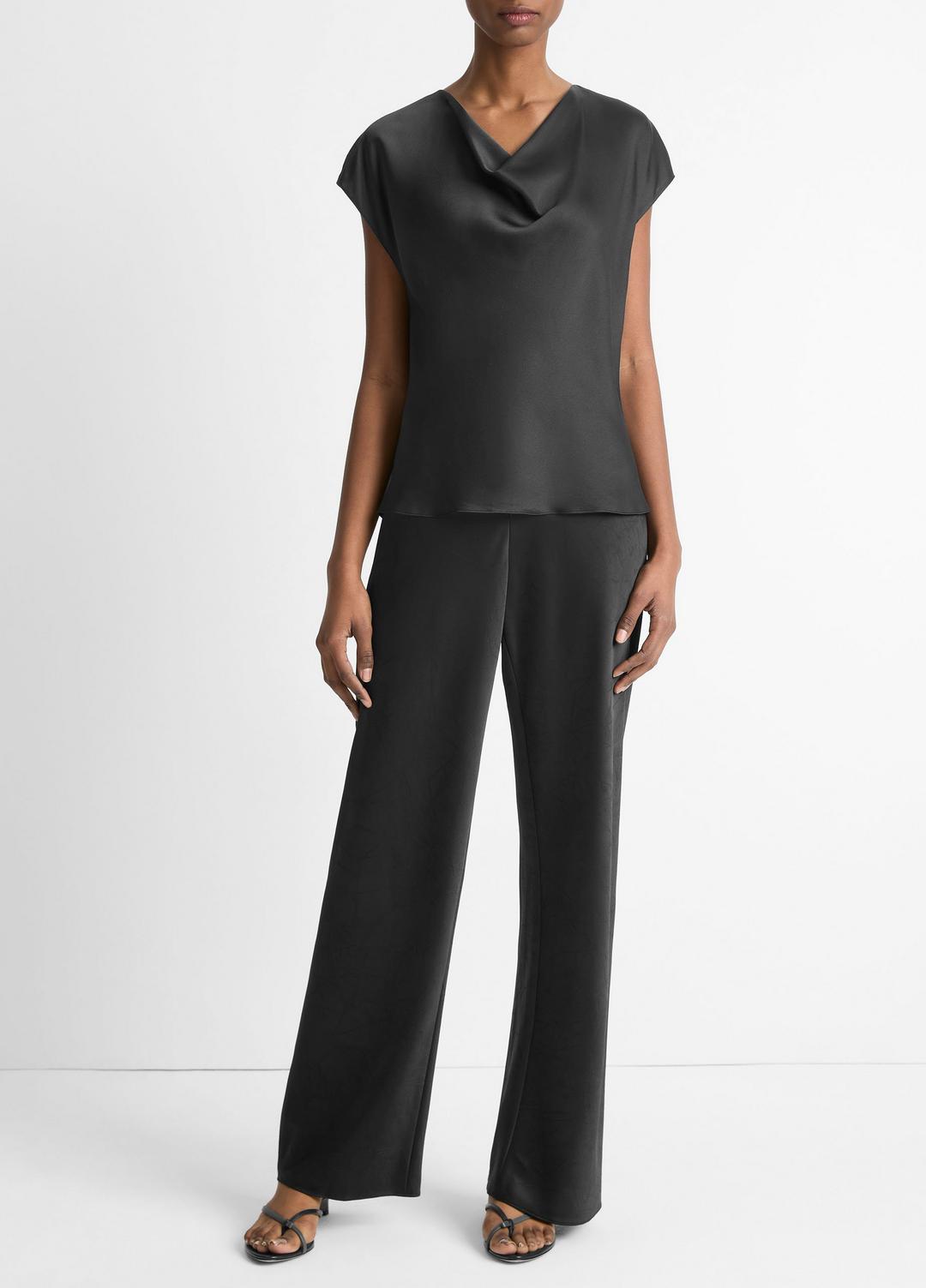 Silk Cowl-Neck Blouse in Short Sleeve BLACK | VINCE Women