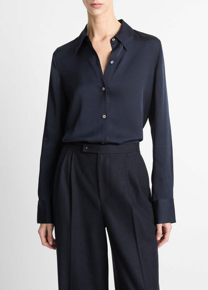 Silk-Blend Slim Button-Front Blouse in Long Sleeve COASTAL BLUE | VINCE Women