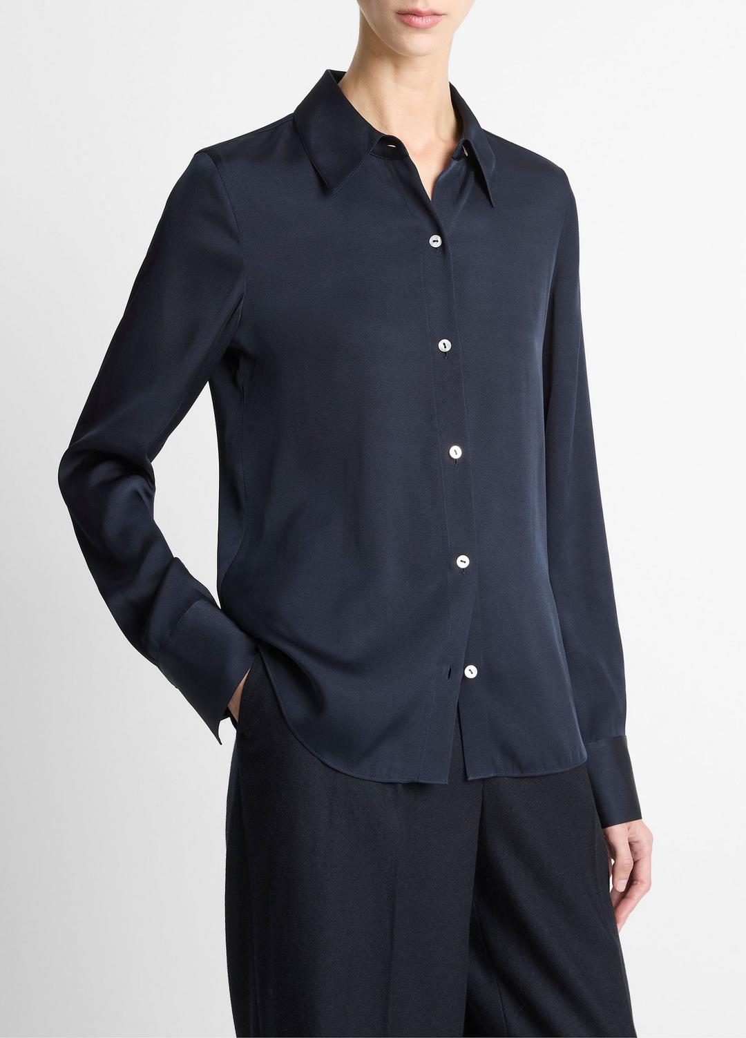 Silk-Blend Slim Button-Front Blouse in Long Sleeve COASTAL BLUE | VINCE Women