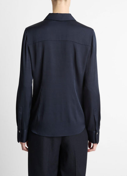 Silk-Blend Slim Button-Front Blouse in Long Sleeve COASTAL BLUE | VINCE Women