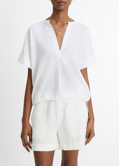 Linen Drawcord-Hem Blouse in Short Sleeve OPTIC WHITE | VINCE Women
