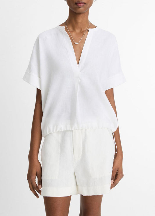 Linen Drawcord-Hem Blouse in Short Sleeve OPTIC WHITE | VINCE Women
