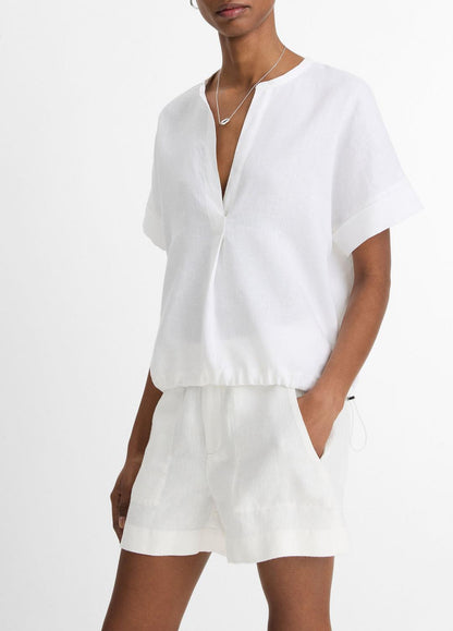 Linen Drawcord-Hem Blouse in Short Sleeve OPTIC WHITE | VINCE Women