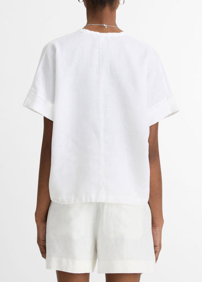 Linen Drawcord-Hem Blouse in Short Sleeve OPTIC WHITE | VINCE Women