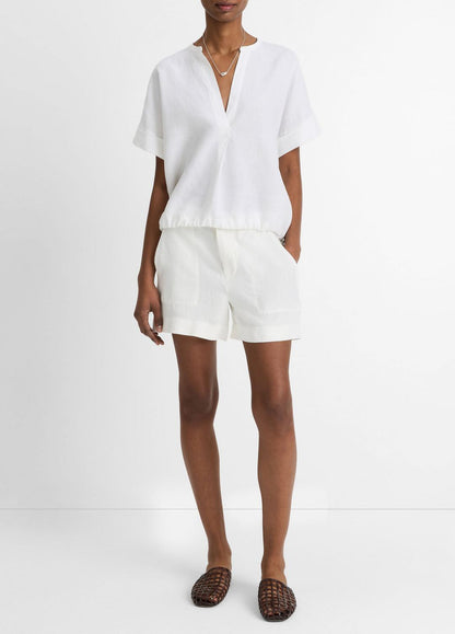 Linen Drawcord-Hem Blouse in Short Sleeve OPTIC WHITE | VINCE Women