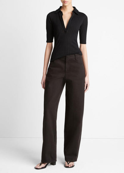Cotton Elbow-Sleeve Polo Shirt in Short Sleeve BLACK | VINCE Women