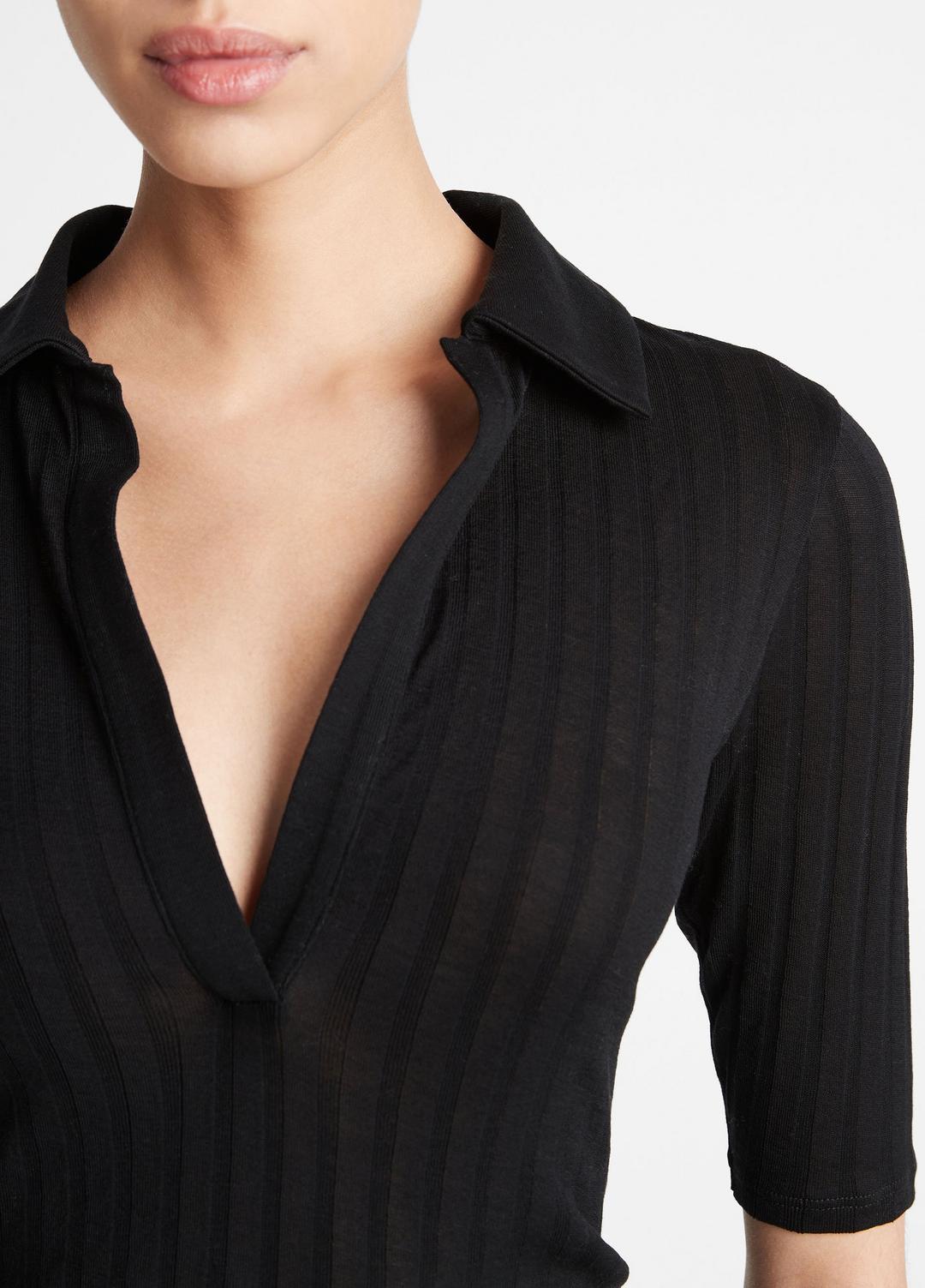 Cotton Elbow-Sleeve Polo Shirt in Short Sleeve BLACK | VINCE Women