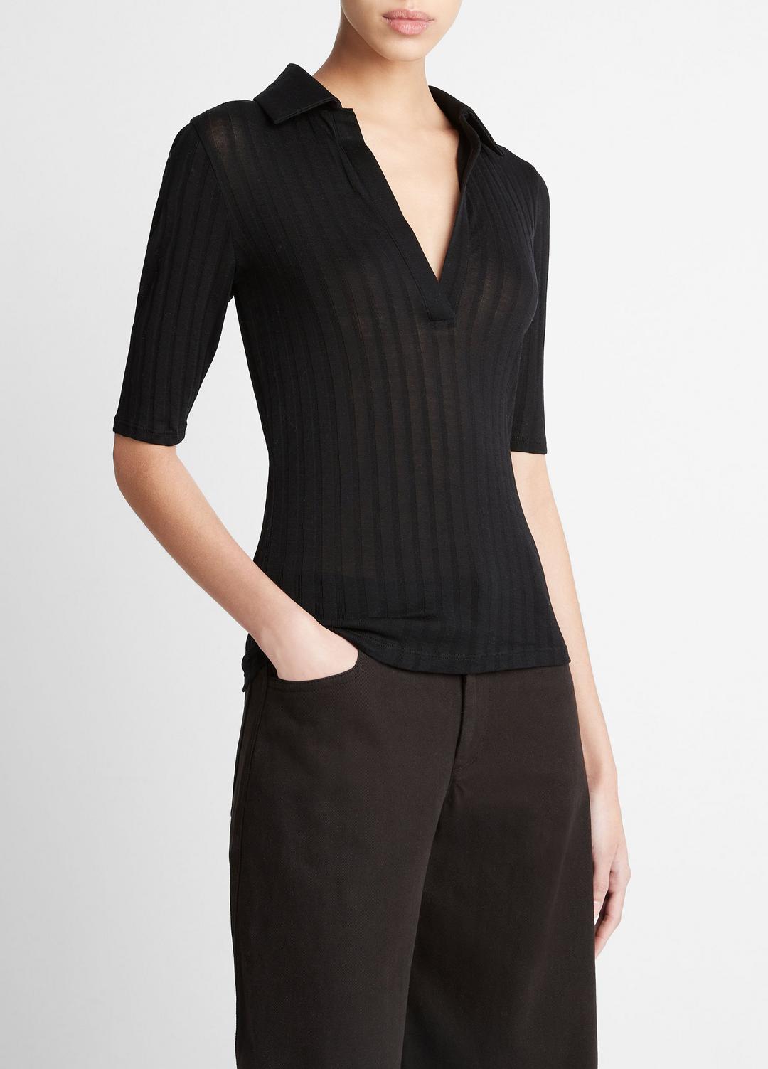 Cotton Elbow-Sleeve Polo Shirt in Short Sleeve BLACK | VINCE Women