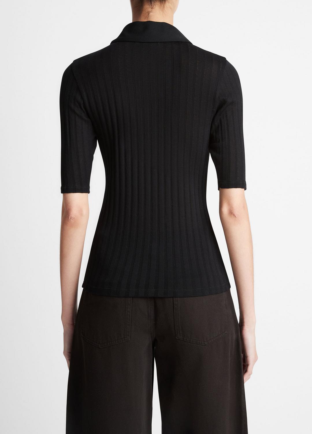 Cotton Elbow-Sleeve Polo Shirt in Short Sleeve BLACK | VINCE Women