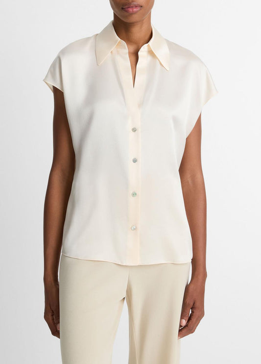 Silk Cap-Sleeve Ruched-Back Blouse in Short Sleeve CHIFFON | VINCE Women