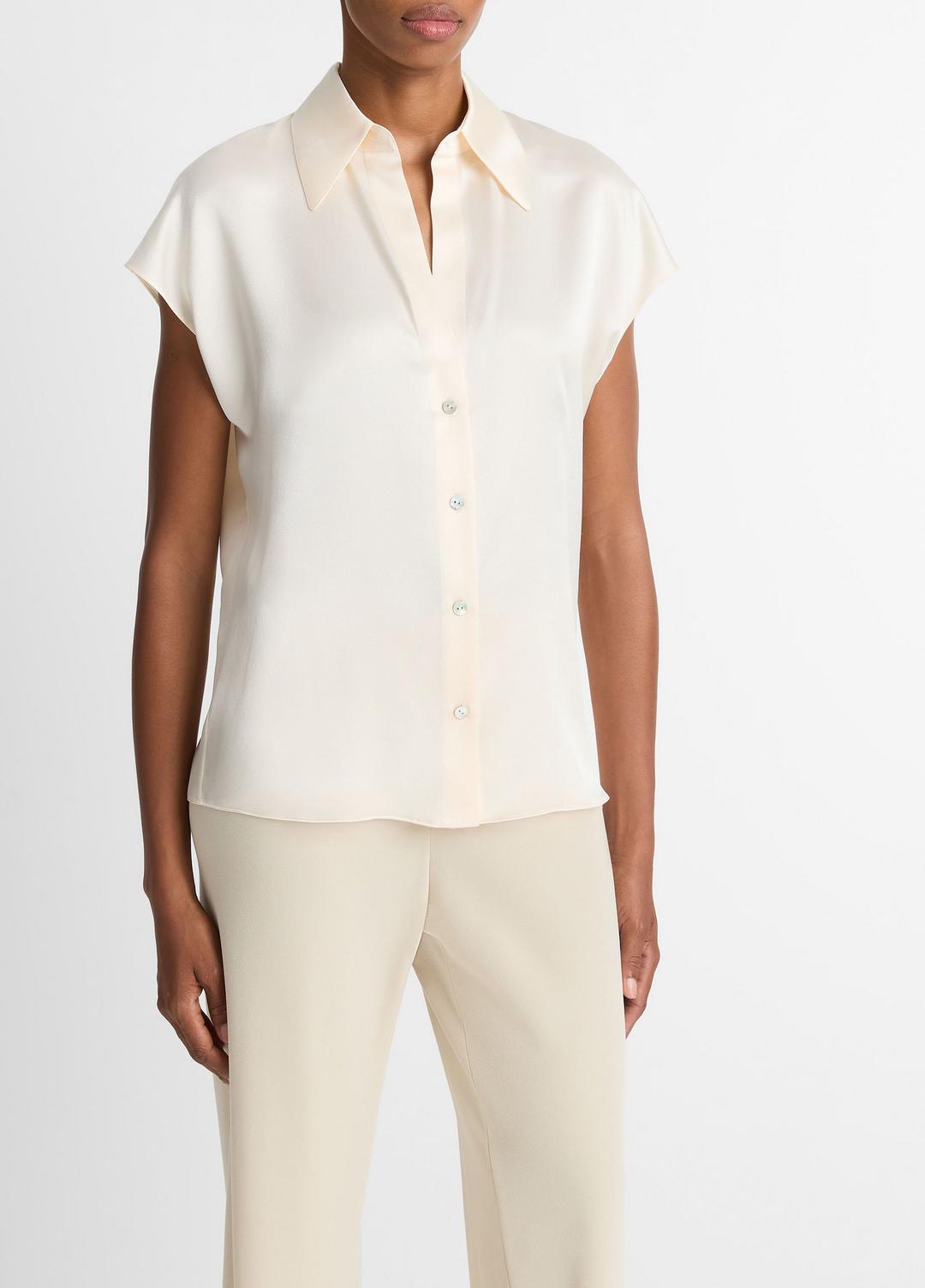 Silk Cap-Sleeve Ruched-Back Blouse in Short Sleeve CHIFFON | VINCE Women