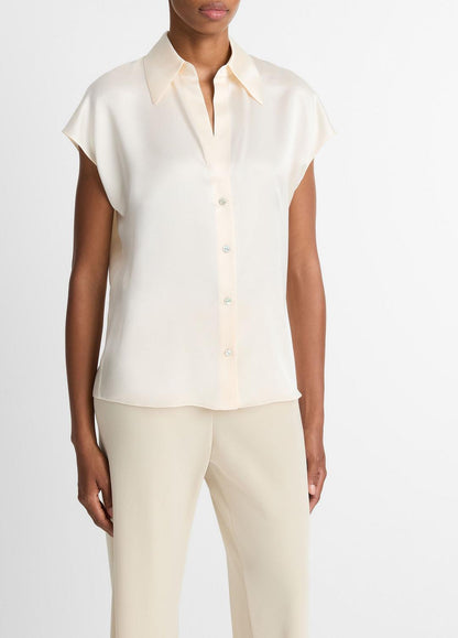 Silk Cap-Sleeve Ruched-Back Blouse in Short Sleeve CHIFFON | VINCE Women