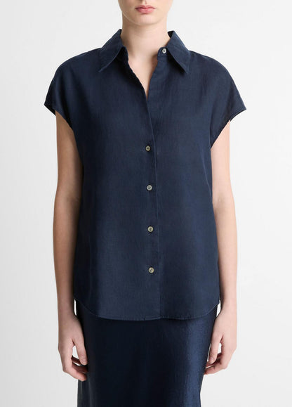 Linen Cap-Sleeve Button-Front Blouse in Short Sleeve COASTAL BLUE | VINCE Women