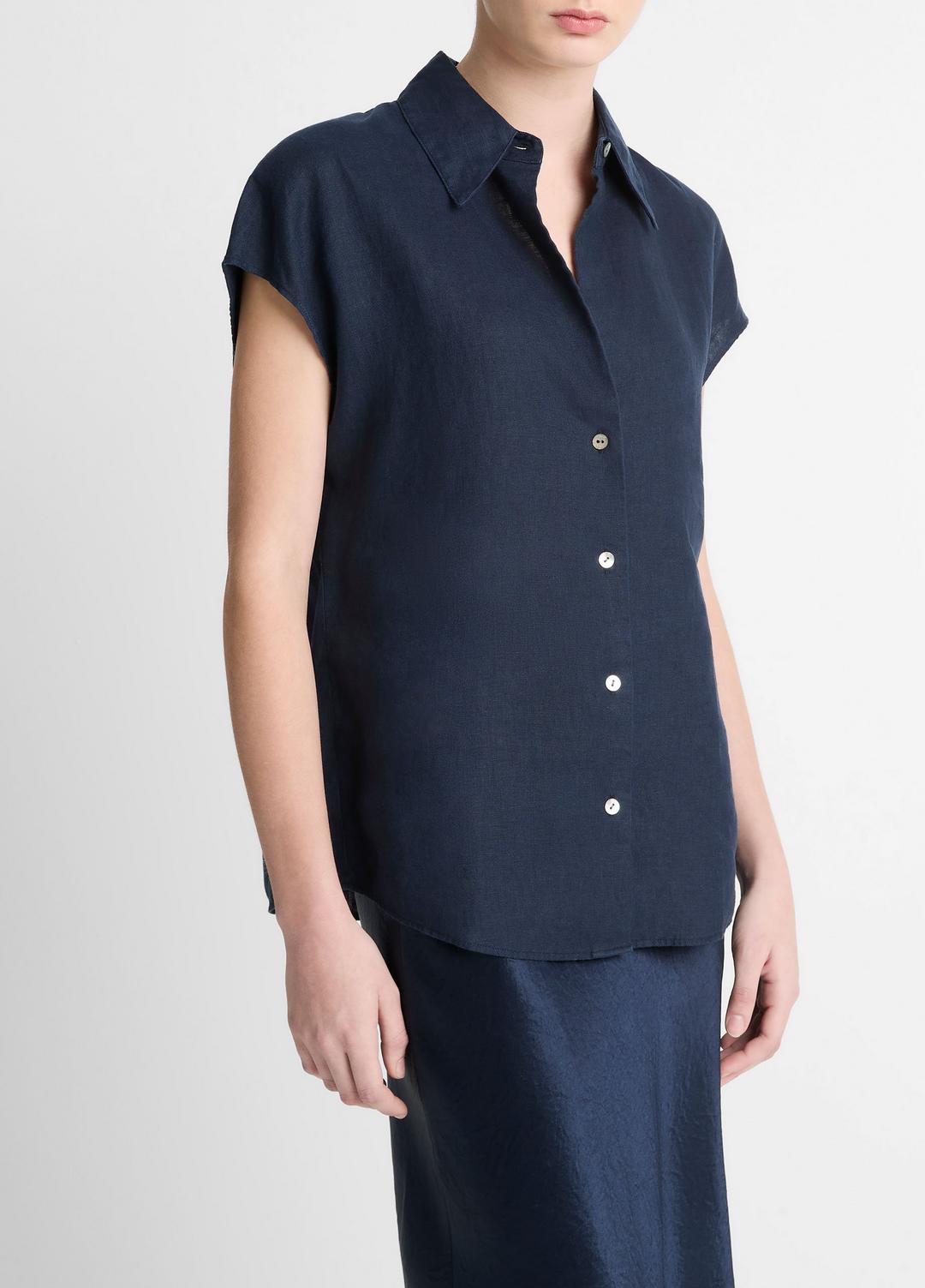 Linen Cap-Sleeve Button-Front Blouse in Short Sleeve COASTAL BLUE | VINCE Women