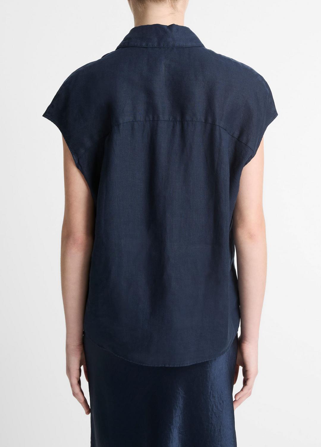 Linen Cap-Sleeve Button-Front Blouse in Short Sleeve COASTAL BLUE | VINCE Women