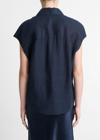 Linen Cap-Sleeve Button-Front Blouse in Short Sleeve COASTAL BLUE | VINCE Women