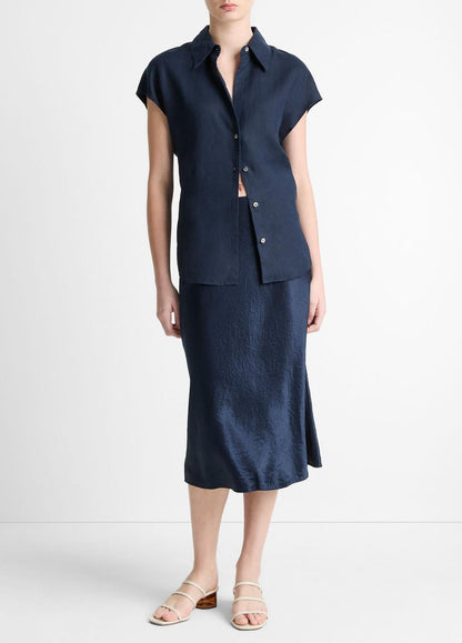 Linen Cap-Sleeve Button-Front Blouse in Short Sleeve COASTAL BLUE | VINCE Women
