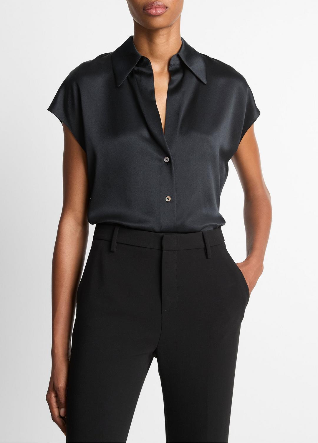Silk Cap-Sleeve Ruched-Back Blouse in Short Sleeve BLACK | VINCE Women