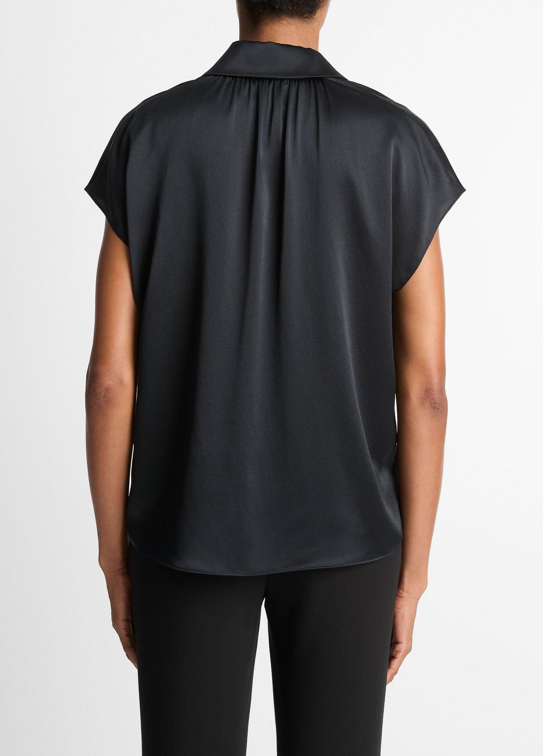 Silk Cap-Sleeve Ruched-Back Blouse in Short Sleeve BLACK | VINCE Women