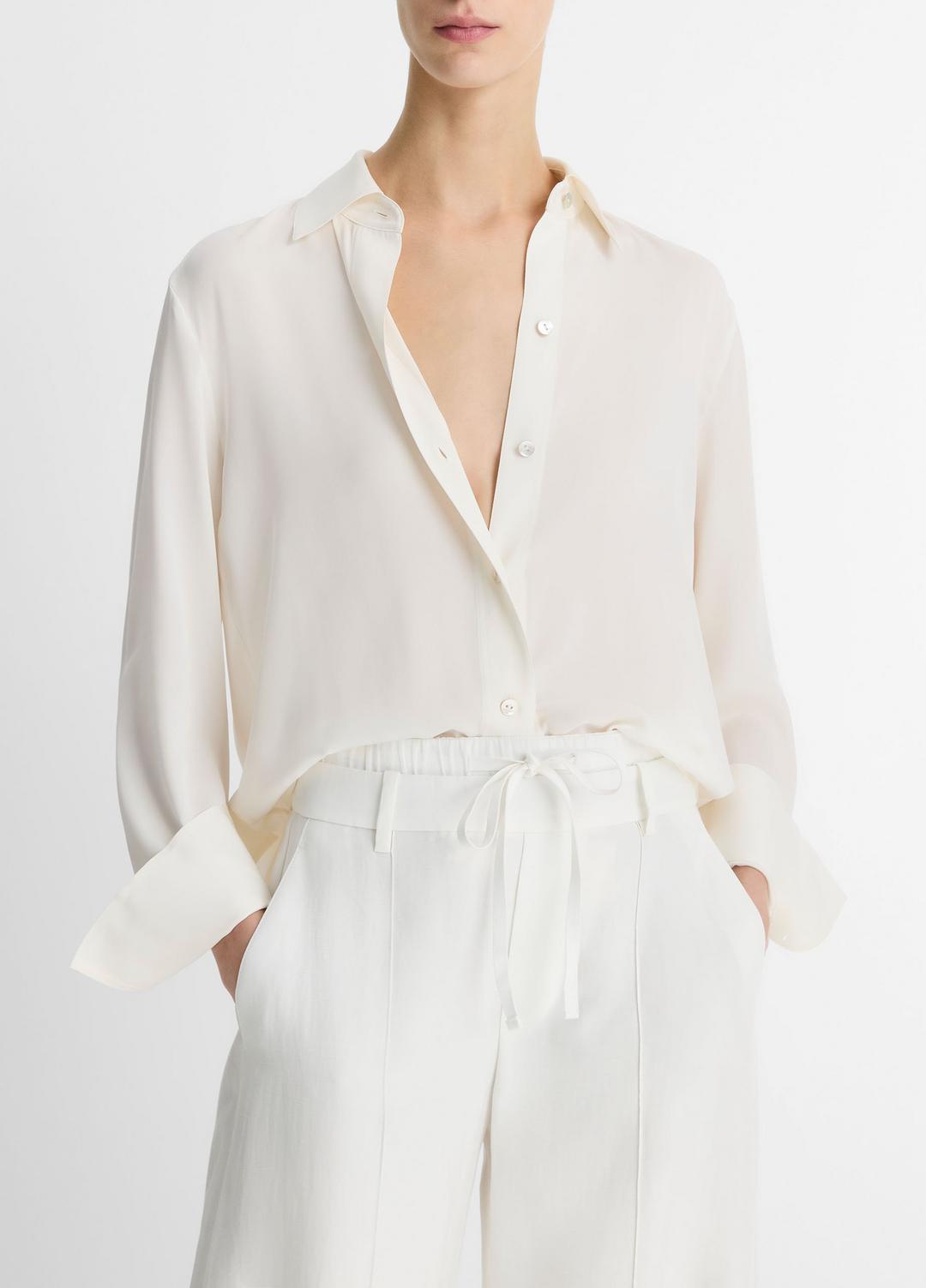 Stretch-Silk Button-Front Blouse in Long Sleeve OFF WHITE | VINCE Women