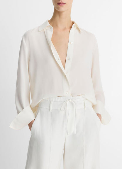 Stretch-Silk Button-Front Blouse in Long Sleeve OFF WHITE | VINCE Women